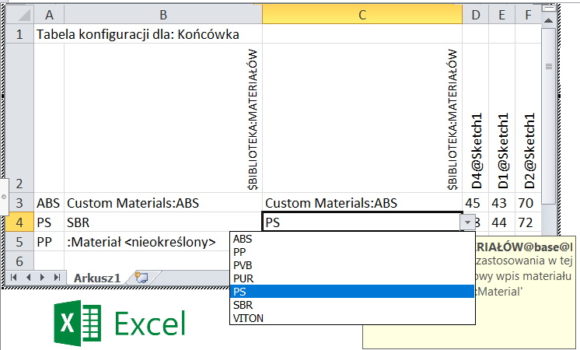 Sterowanie materiałem za pomocą Tabeli konfiguracji Excel