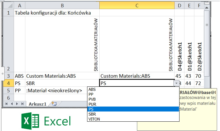Sterowanie materiałem za pomocą Tabeli konfiguracji Excel