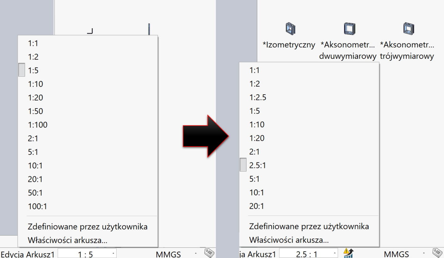 Zmodyfikowana lista dostępnych skali rysunku