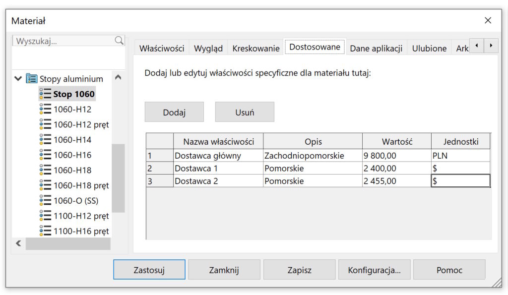 Dodaj lub edytuj właściwości specyficzne dla materiału