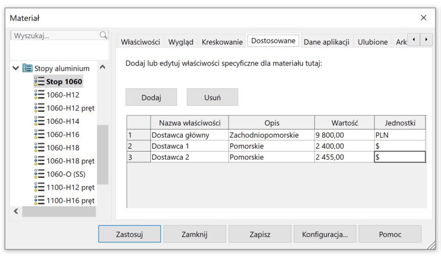 Dodaj lub edytuj właściwości specyficzne dla materiału