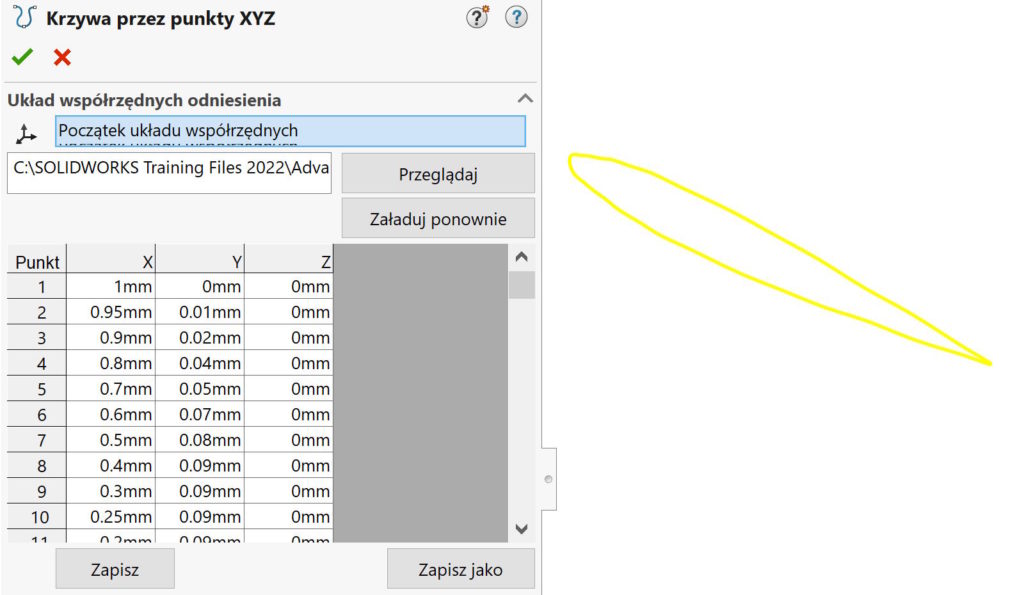 Krzywa przez punkty XYZ