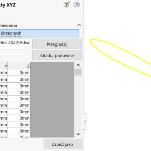 Krzywa przez punkty XYZ odniesiona do nowego układu współrzędnych