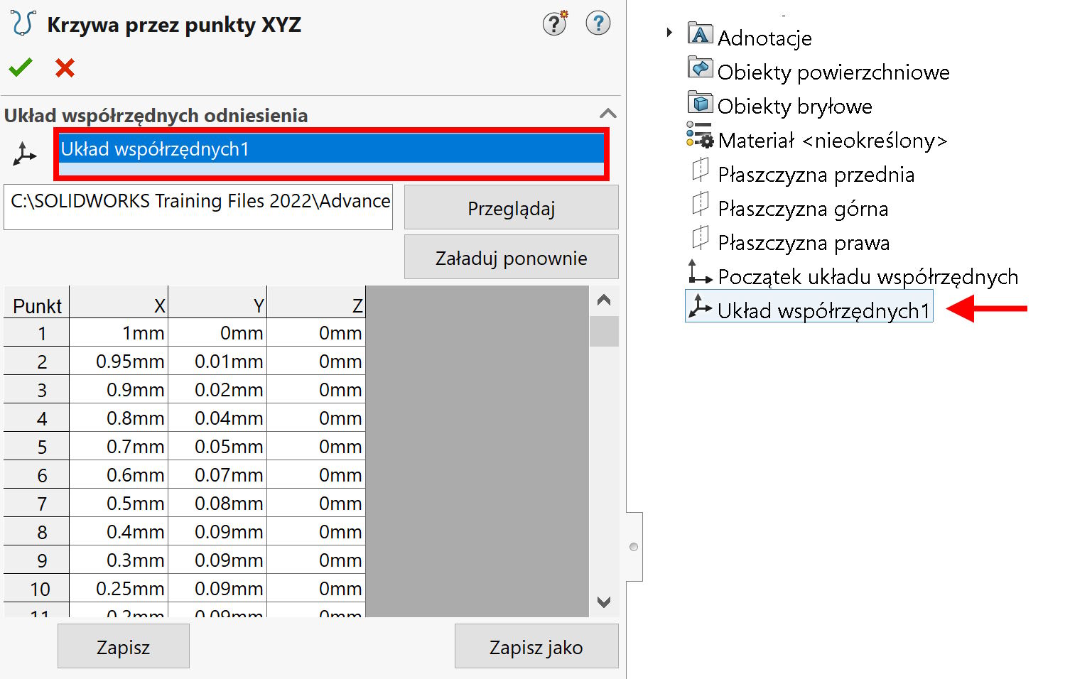 Krzywa przez punkty XYZ