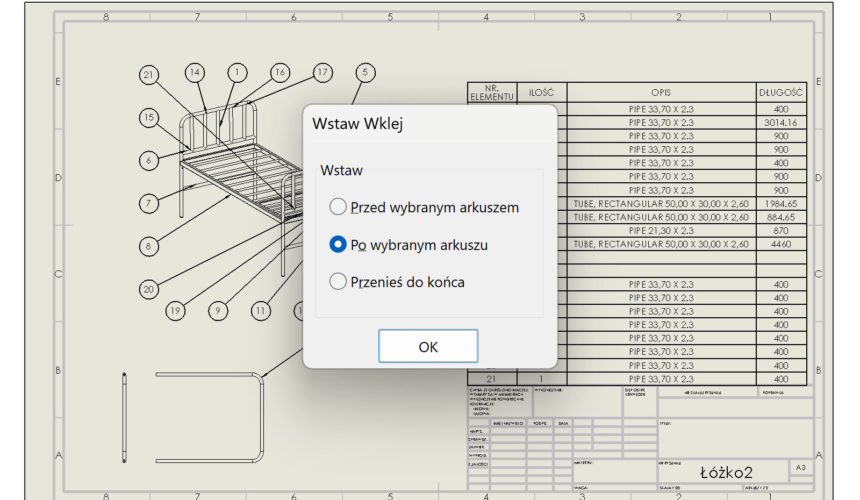 Kopiowanie arkuszy na rysunkach SOLIDWORKS