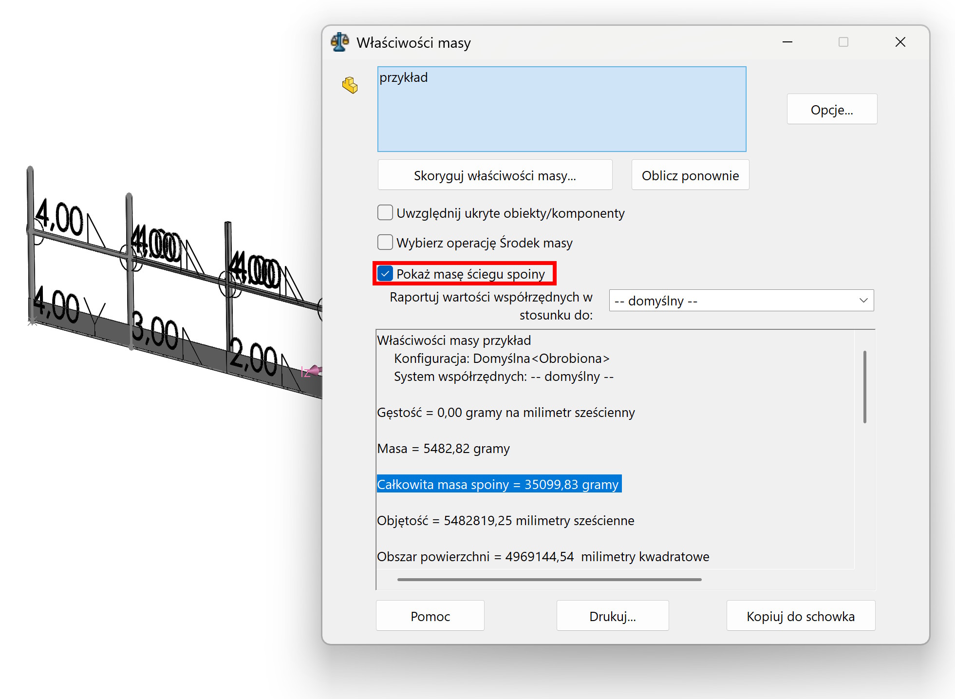 pokaż masę ściegu spoiny