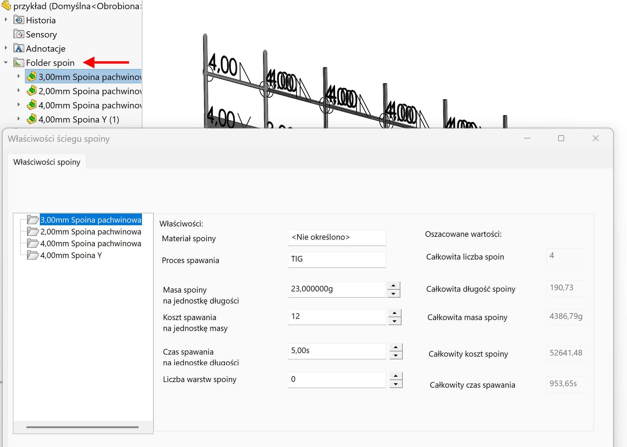 pokaż masę ściegu spoiny
