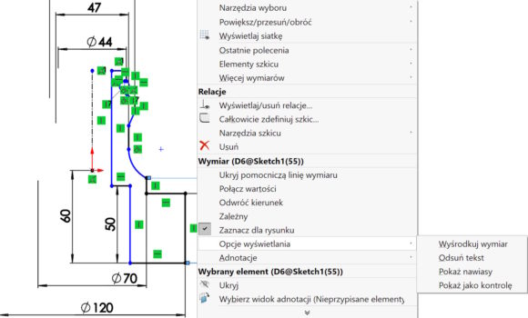 Opcje wyświetlania wymiarów w szkicu