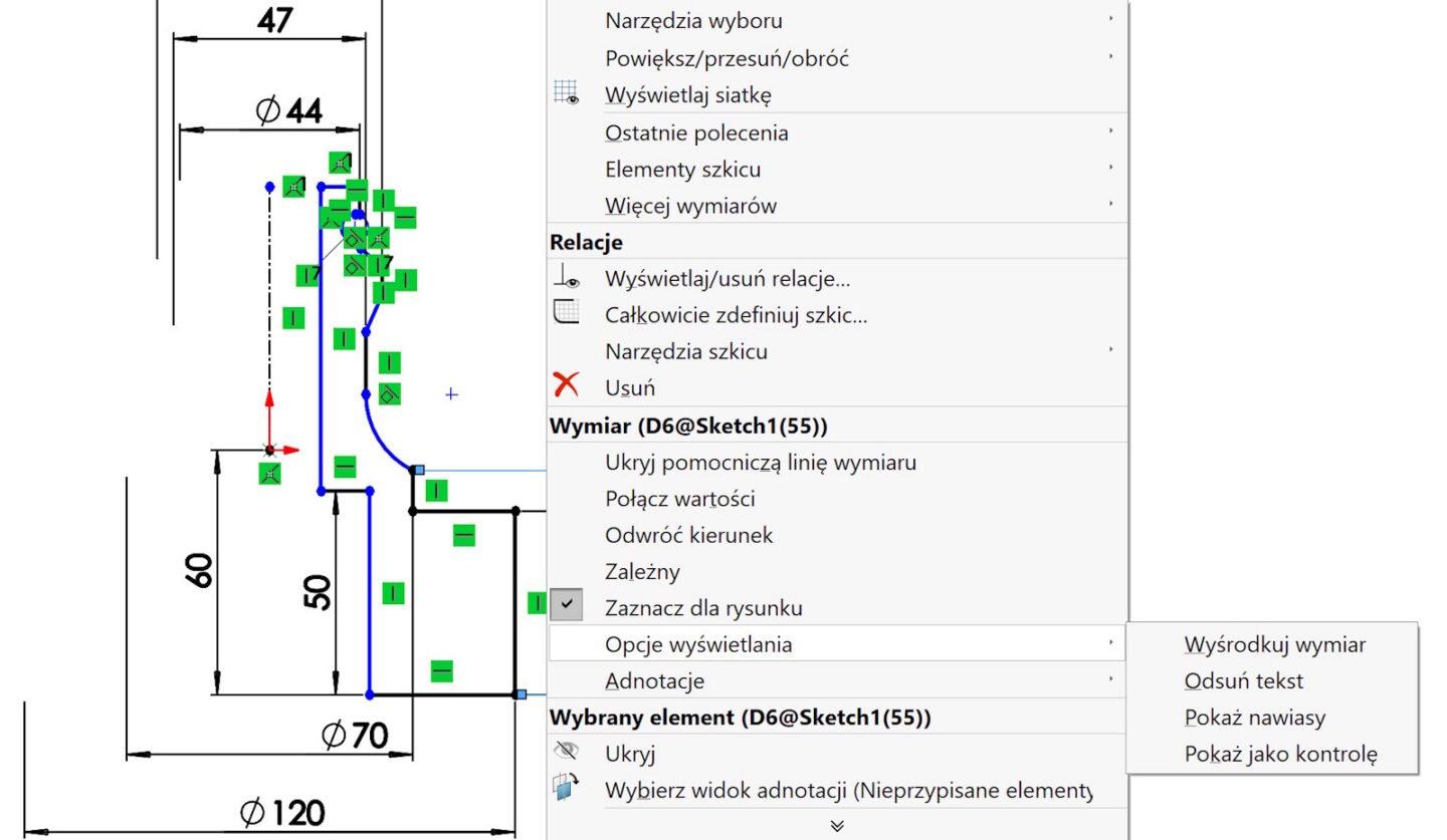 Opcje wyświetlania wymiarów w szkicu