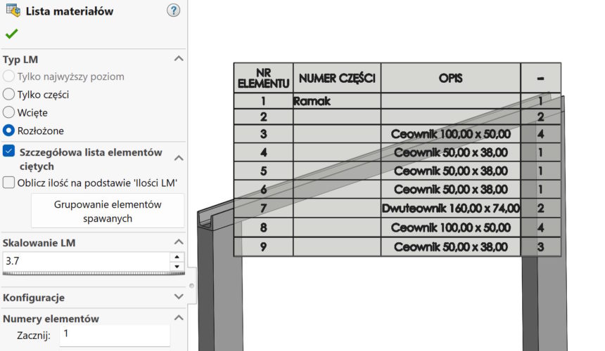 Agrupación de elementos soldados en documentación. Grupowanie elementów spawanych w dokumentacji