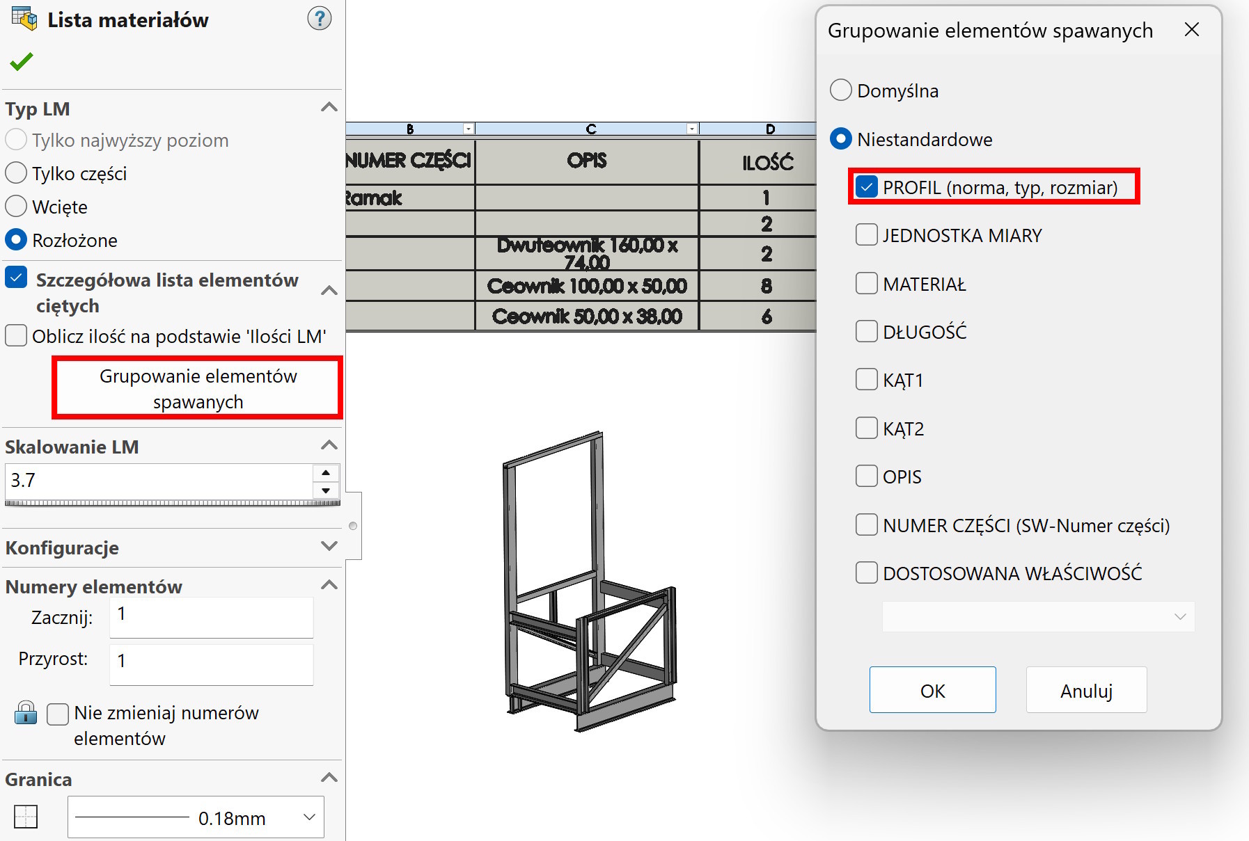 Grupowanie elementów spawanych