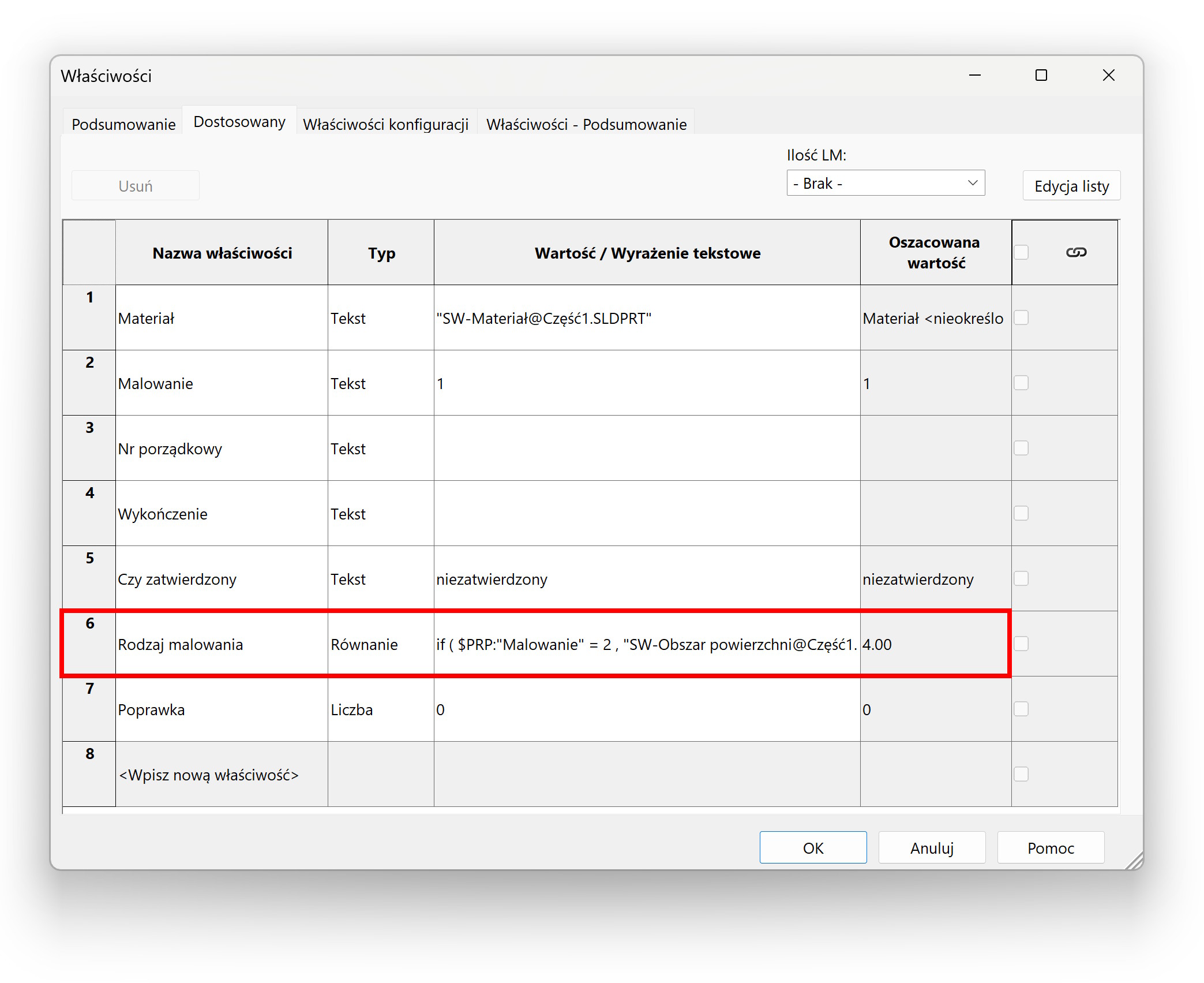 powierzchnia malowania w solidworks